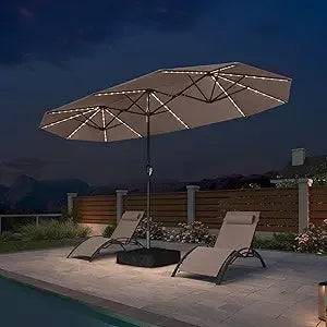 Solar LED Patio Umbrella with Crank, Double-Sided Rectangle Base for Outdoor and Pool Use