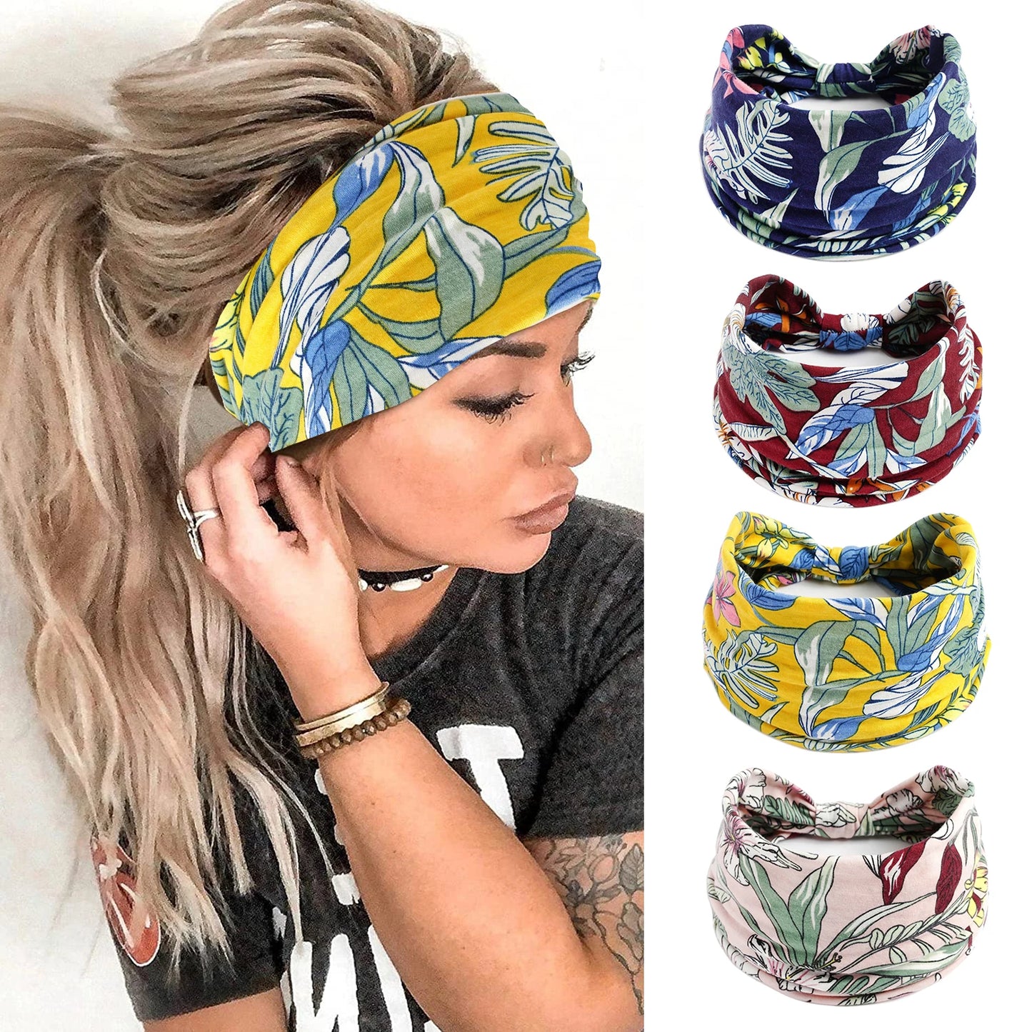 Boho Headbands Wide Knot Hair Scarf Floral Print Hairband Stretch Turban Headwrap Cotton Head Band Fashion Accessories for Women