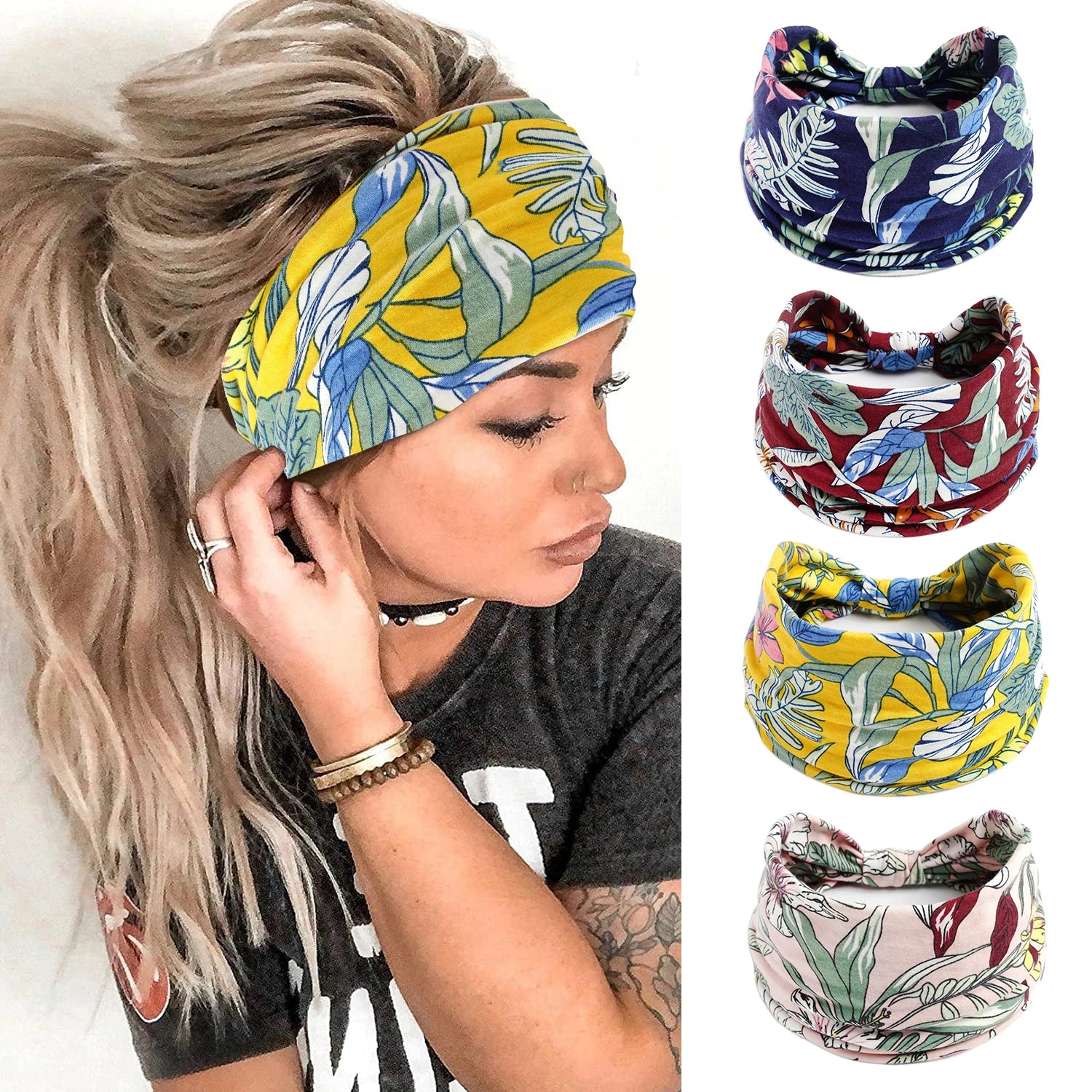 Boho Headbands Wide Knot Hair Scarf Floral Print Hairband Stretch Turban Headwrap Cotton Head Band Fashion Accessories for Women