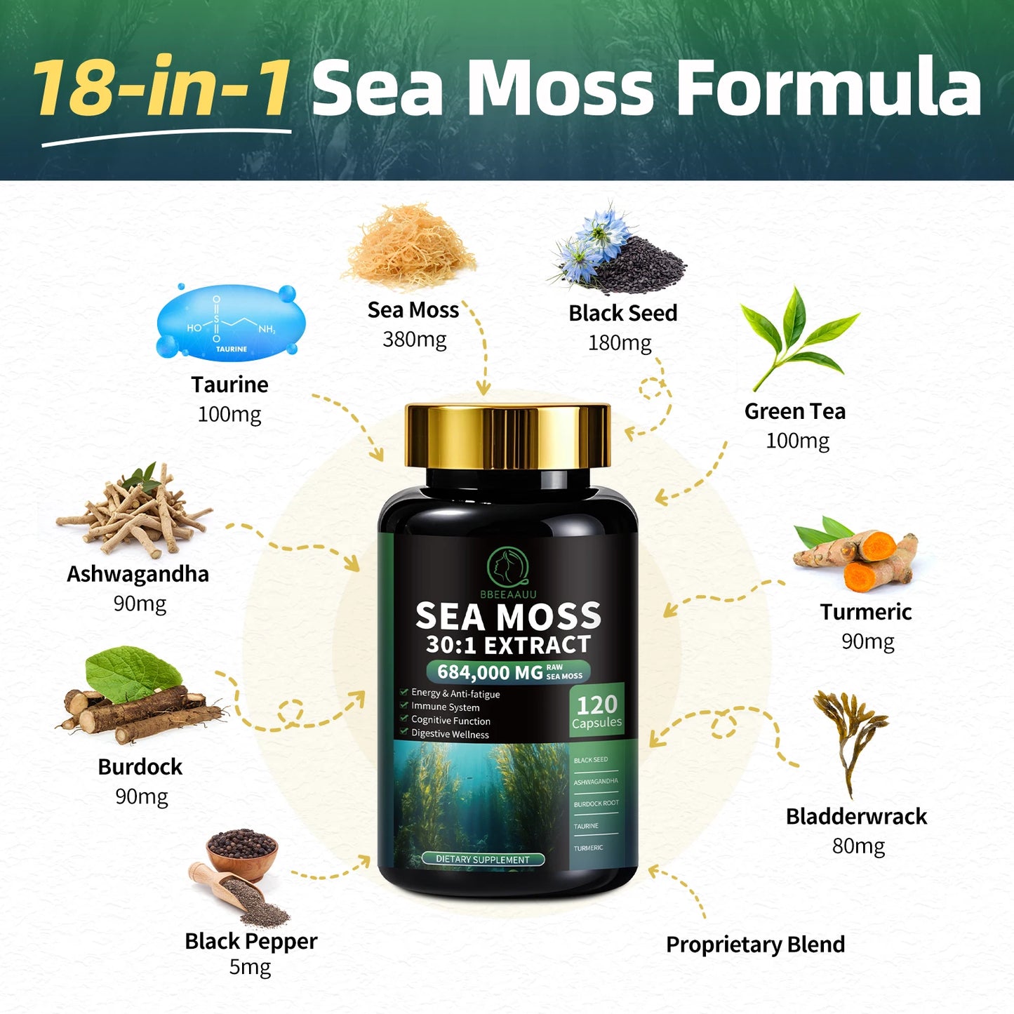 BBEEAAUU Seamoss and Shilajit Multi in 1 Supplement with Black Seed,Ashwagandha,Burdock Energy, Antioxidants and Immune Support