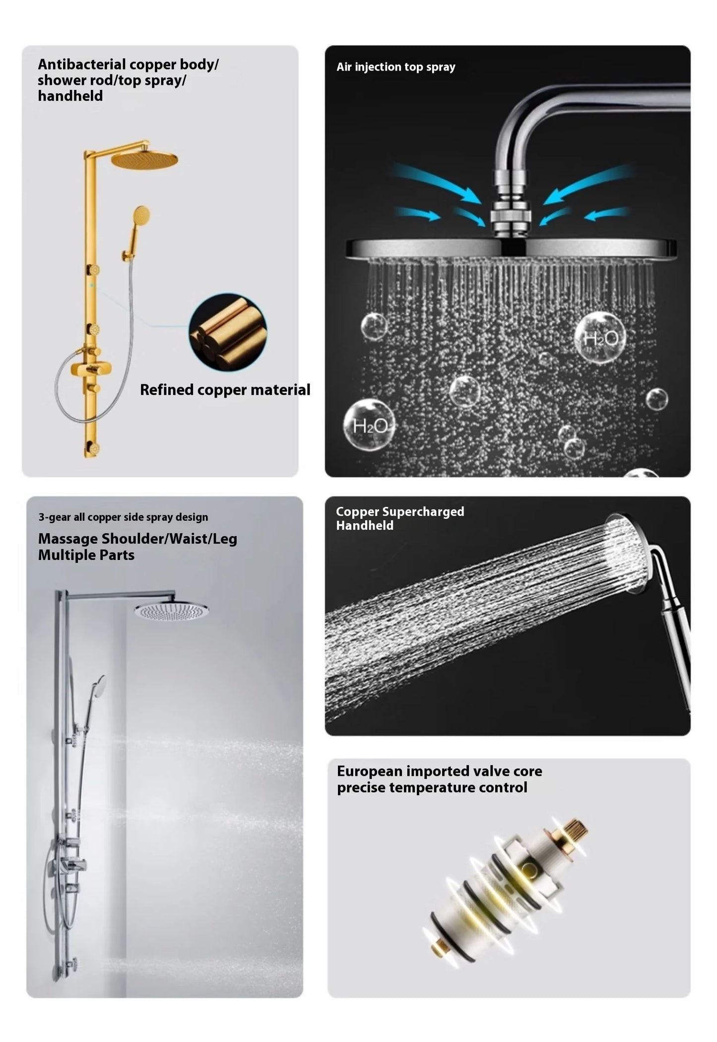 Brass Thermostatic Shower Mixer With 3 Body Jet Sprays And Air Mix Rain Shower Ceramic Valve Core