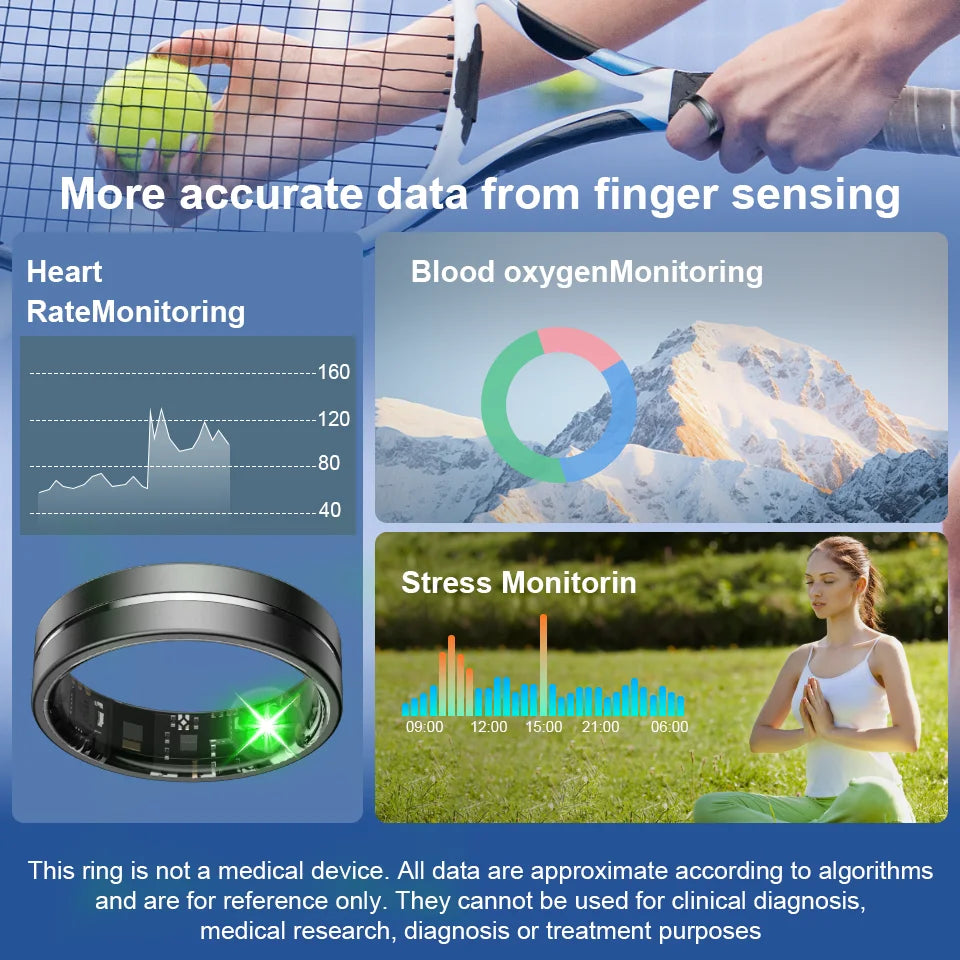 Smart Rings Health Monitor Sleep Sports Fitness Multiple Function Modes Tracking Heart Rate Blood Oxygen Ring 5ATM Waterproof