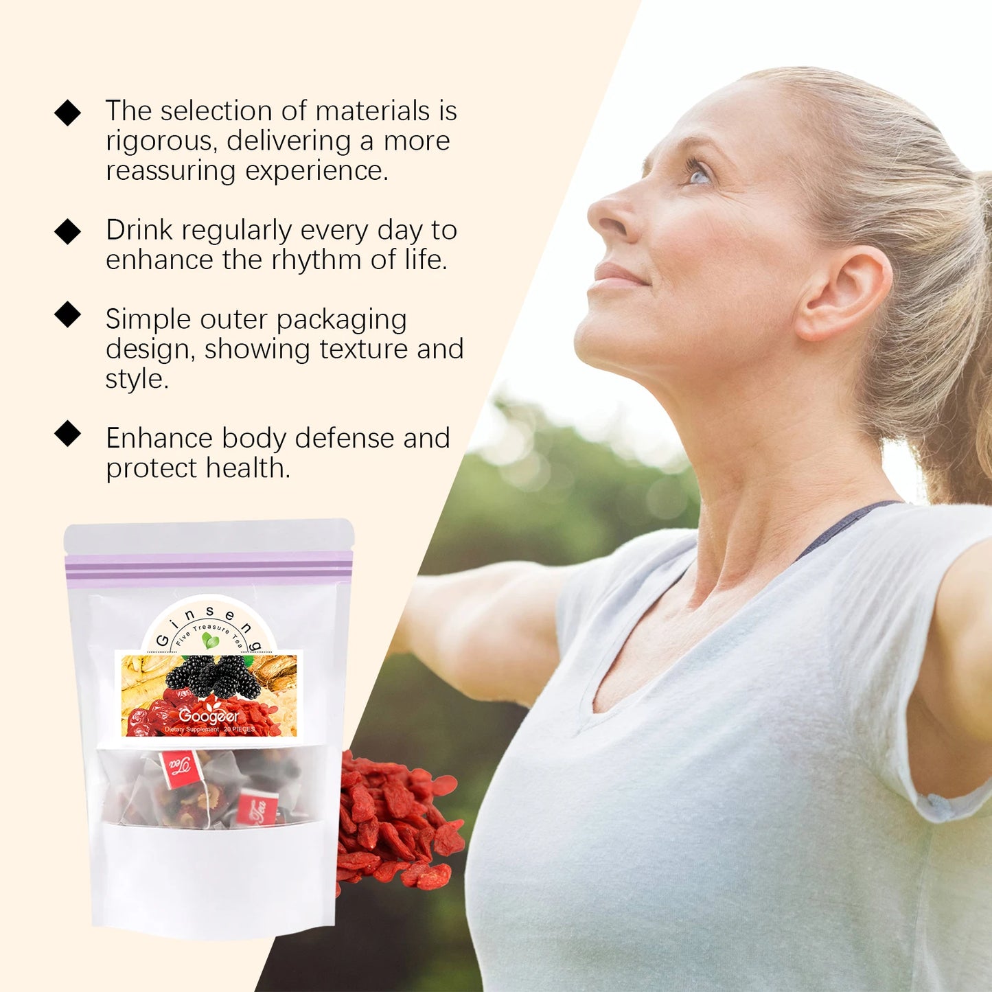 Ginseng Five Treasure Tea Natural Energy Boost Immune Support Herbal Wellness Traditional  Organic Blend Tea Daily Vitality