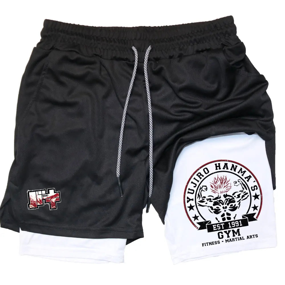 Anime Baki 2-in-1 Gym Performance Short Mens Athletic Compression Shorts Quick Dry Stretch Workout Fitness Running Sportwear
