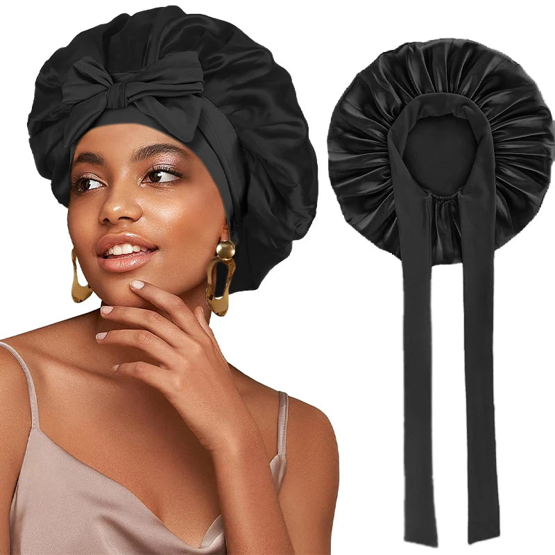 New Silky Bonnet With Elastic Tie Band Hair Bonnet For Sleeping Shower Cap Reusable Adjusting Hair Care Wrap Cap Sleep Caps