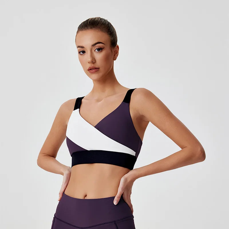 Sports Yoga Clothing Set High Stretch Colorblocking Bra Tank Top Flared Pants Trousers Fitness Clothing