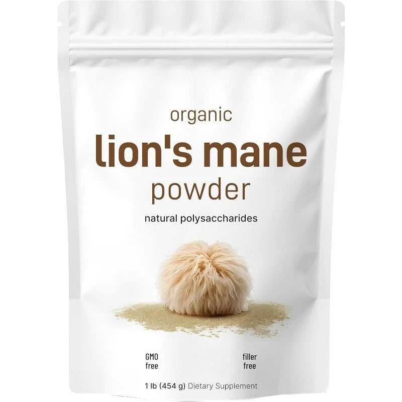 Organic Lion’s Mane Mushroom Powder Supports Brain Focus Energy and Immune Health Great for Smoothies & Coffee 454g Per Bag