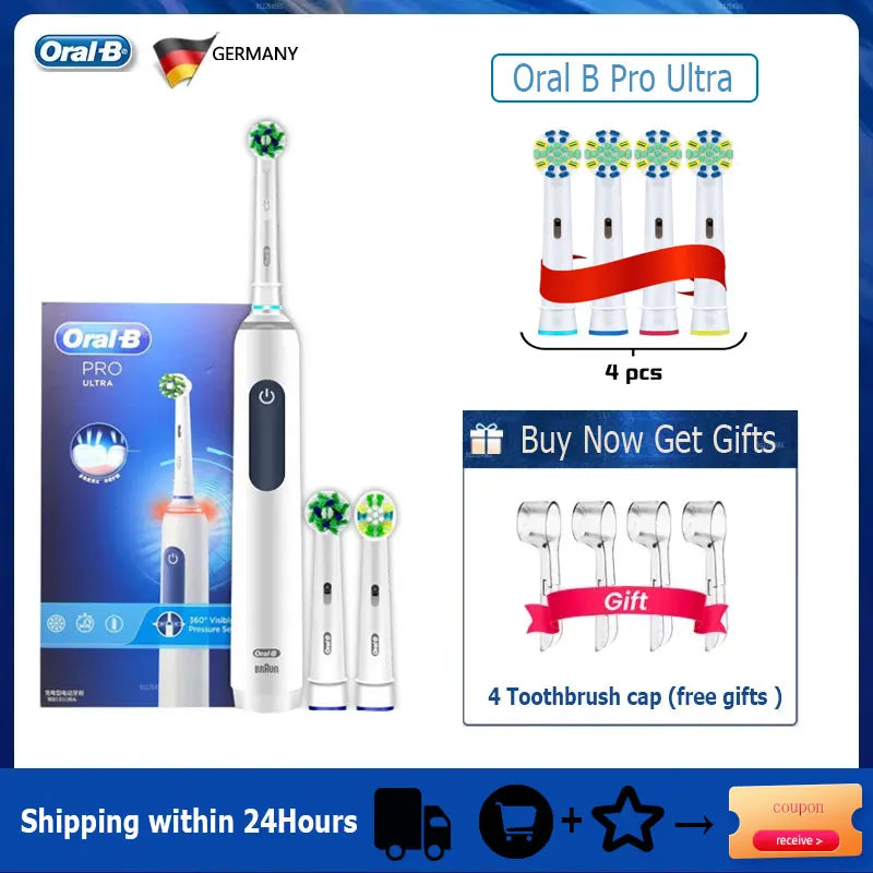 Oral B Pro Ultra Electric Toothbrush 30S Smart Timer Pressure Pro 4 Modes Gum Care Deep Clean Tooth Brushes with 3 Brush Heads