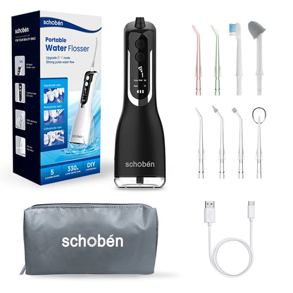 Schoben Portable Oral Irrigator USB Rechargeable Water Flosser Dental Water Jet 330ML Water Tank IPX7 Waterproof Teeth Cleaner