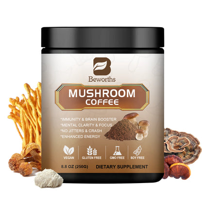 BEWORTHS Mushroom Coffee Supplement Ganoderma Lucidum Cordyceps Sinensis Energy Support Mental Clarity Brain Booster Antioxidant