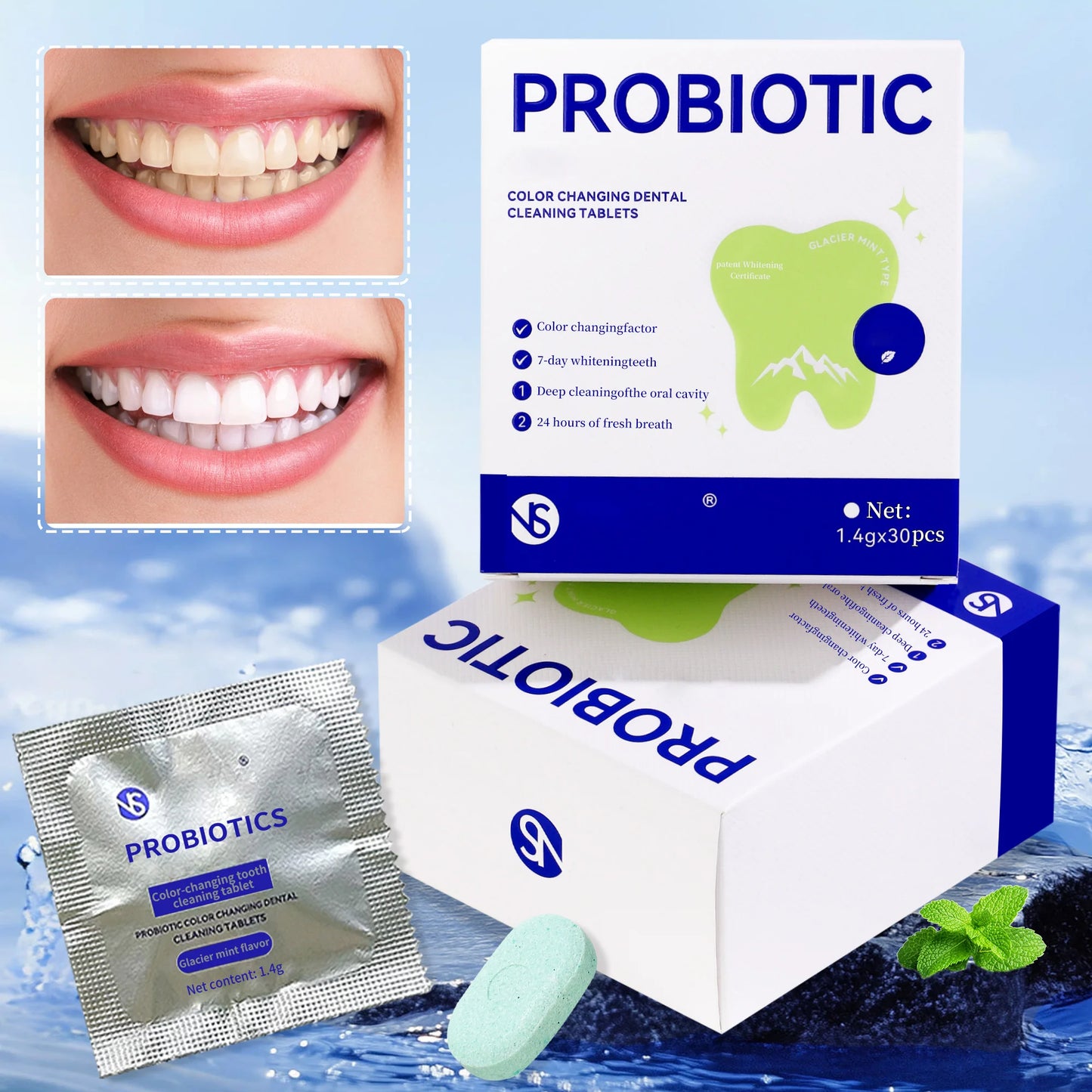 Probiotic tooth cleaning tablets 30/60/90 tablets/box with fresh breath for a long time, clean teeth and portable tooth care.
