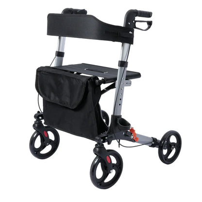 Upgraded Aluminum Portable Assistive Walking Support Rollator Foldable Walker with Seat & Adjustable Height Mobility Aid Cart