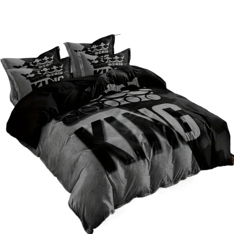 Duvet Cover Set Soft And Comfortable  Gray And Black King Pattern Bedding Set For Bedroom Guest Room And Dorm Decoration