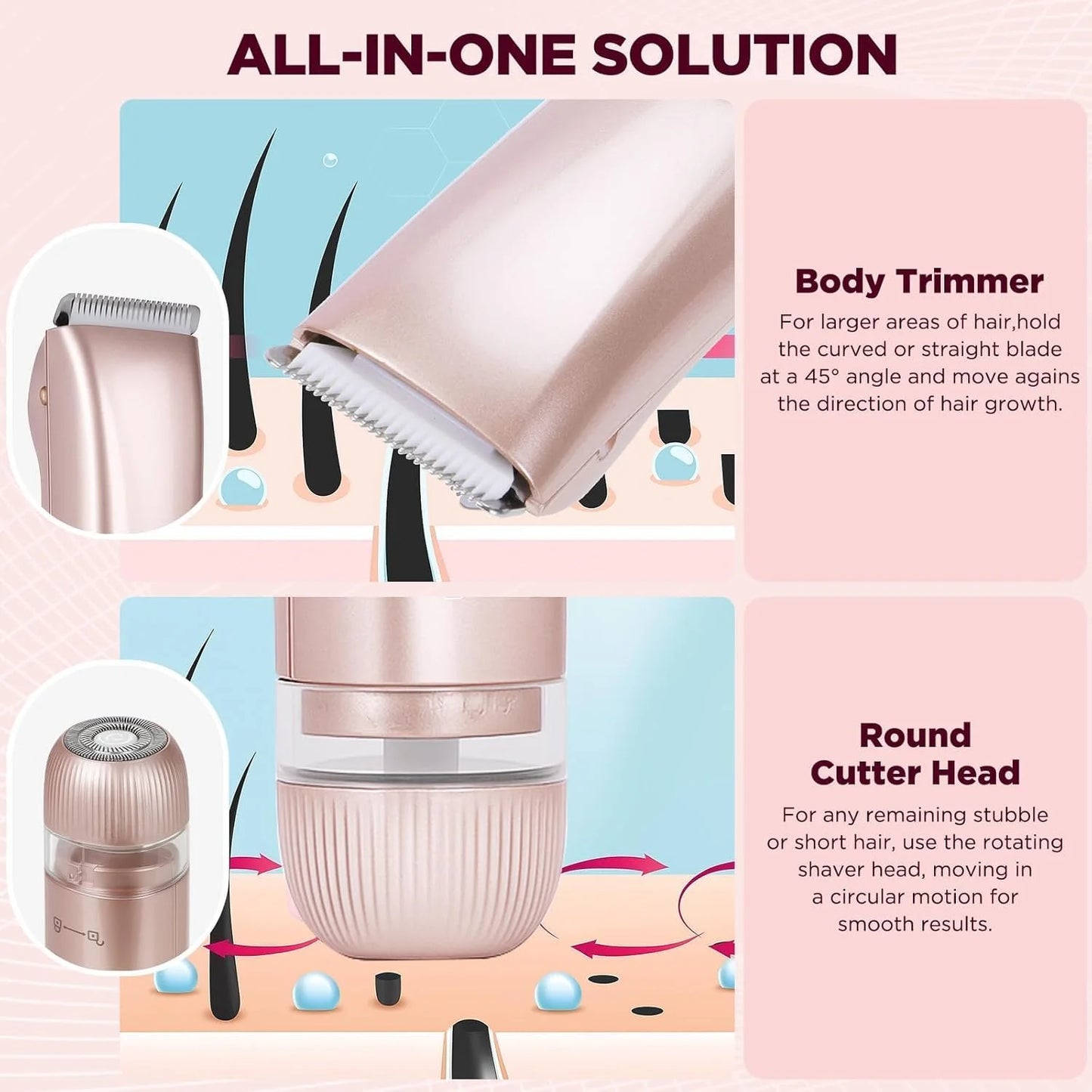 Electric Razors for Women 2-in-1 Rechargeable Bikini Trimmer Painless Body Hair Remover for Ladies Pubic, Legs, Face, Underarms