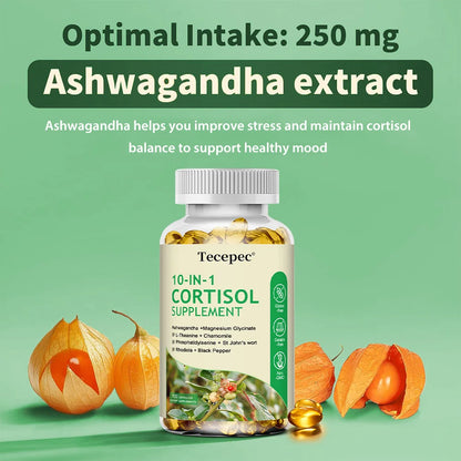 10-IN-1 Cortisol Supplements with Magnesium, Ashwagandha, Chamomile, L-Theanine,Vitamin C & D3, For Women & Men,Vegan