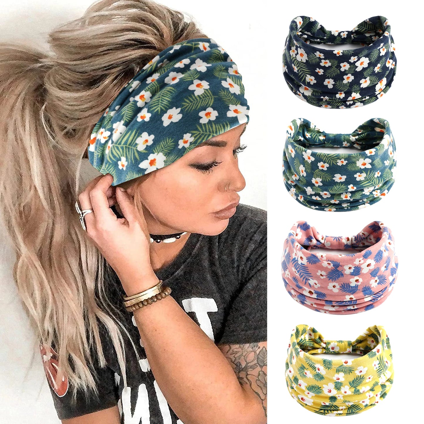 Boho Headbands Wide Knot Hair Scarf Floral Print Hairband Stretch Turban Headwrap Cotton Head Band Fashion Accessories for Women