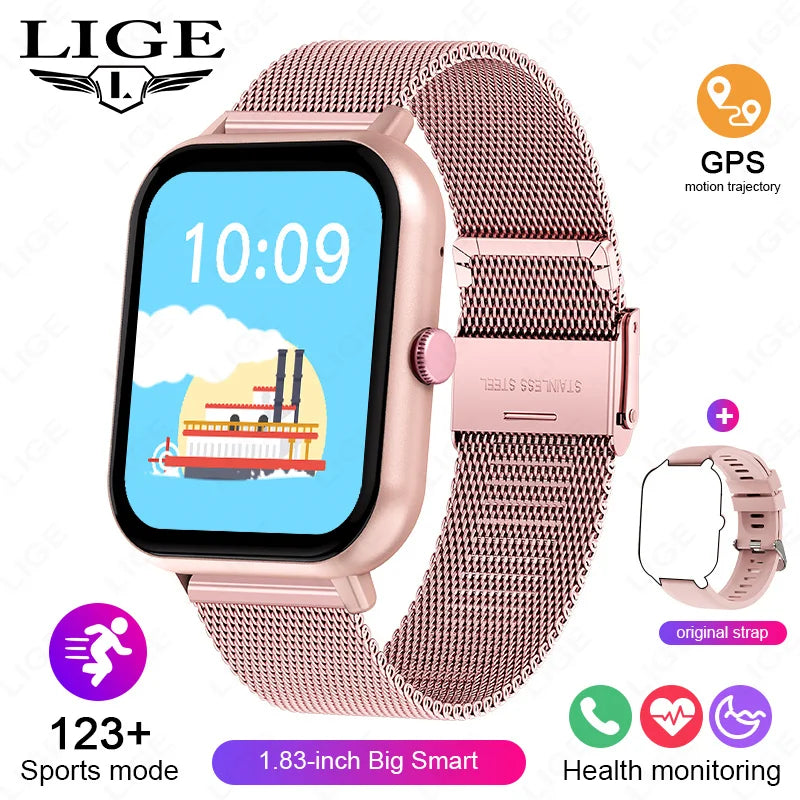 LIGE Sleep Monitoring Smart Watch 1.83” HD Screen Bluetooth Call Pedometer IP67 Waterproof 100+ Sports Modes Smartwatch Men Lady