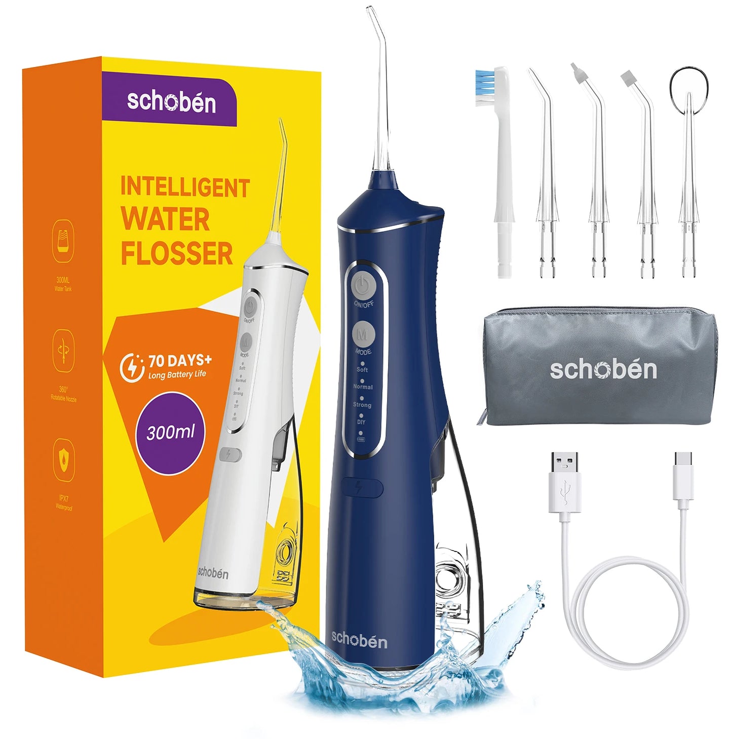 Schoben Portable Oral Irrigator USB Rechargeable Water Flosser Dental Water Jet 330ML Water Tank IPX7 Waterproof Teeth Cleaner