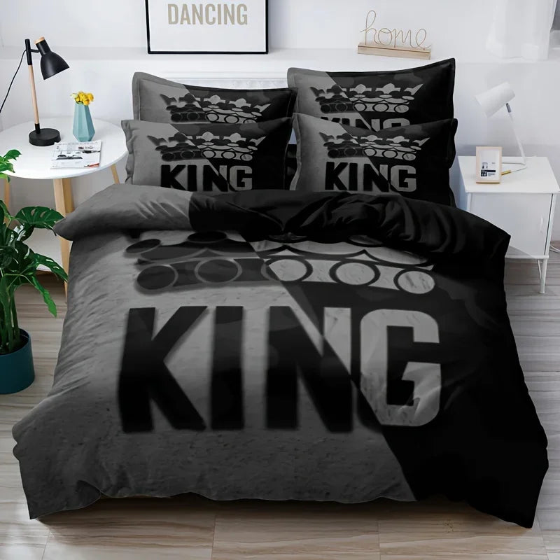 Duvet Cover Set Soft And Comfortable  Gray And Black King Pattern Bedding Set For Bedroom Guest Room And Dorm Decoration