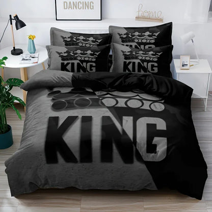 Duvet Cover Set Soft And Comfortable  Gray And Black King Pattern Bedding Set For Bedroom Guest Room And Dorm Decoration