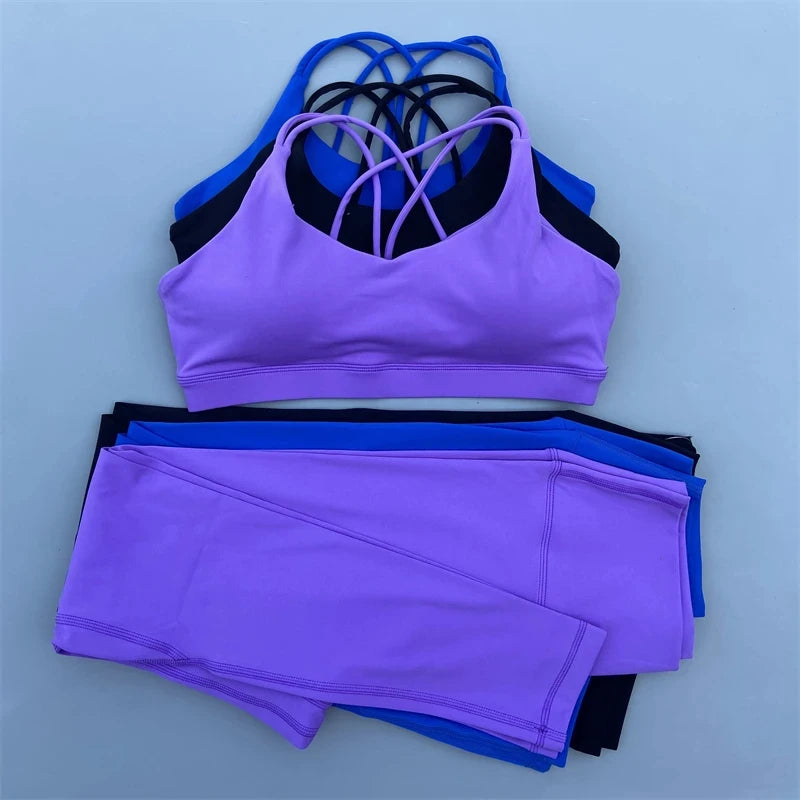 Solid Color Gym Fitness Set Tight Soft cross back Fitness Bra +compression High Waist Yoga Leggings Suit Comprehensive Training
