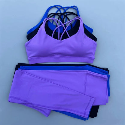 Solid Color Gym Fitness Set Tight Soft cross back Fitness Bra +compression High Waist Yoga Leggings Suit Comprehensive Training