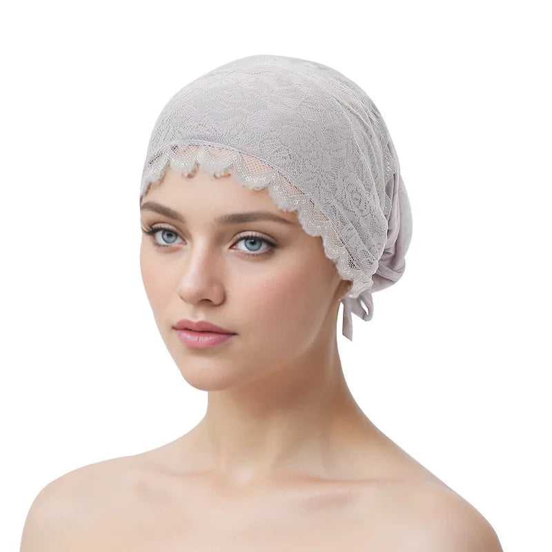 Fashion Women Tie Straps Lace Turban Hat Muslim Under Scarf Hijab Cap Islamic Female Head Wraps Lady Hair Loss Beanie Bonnet