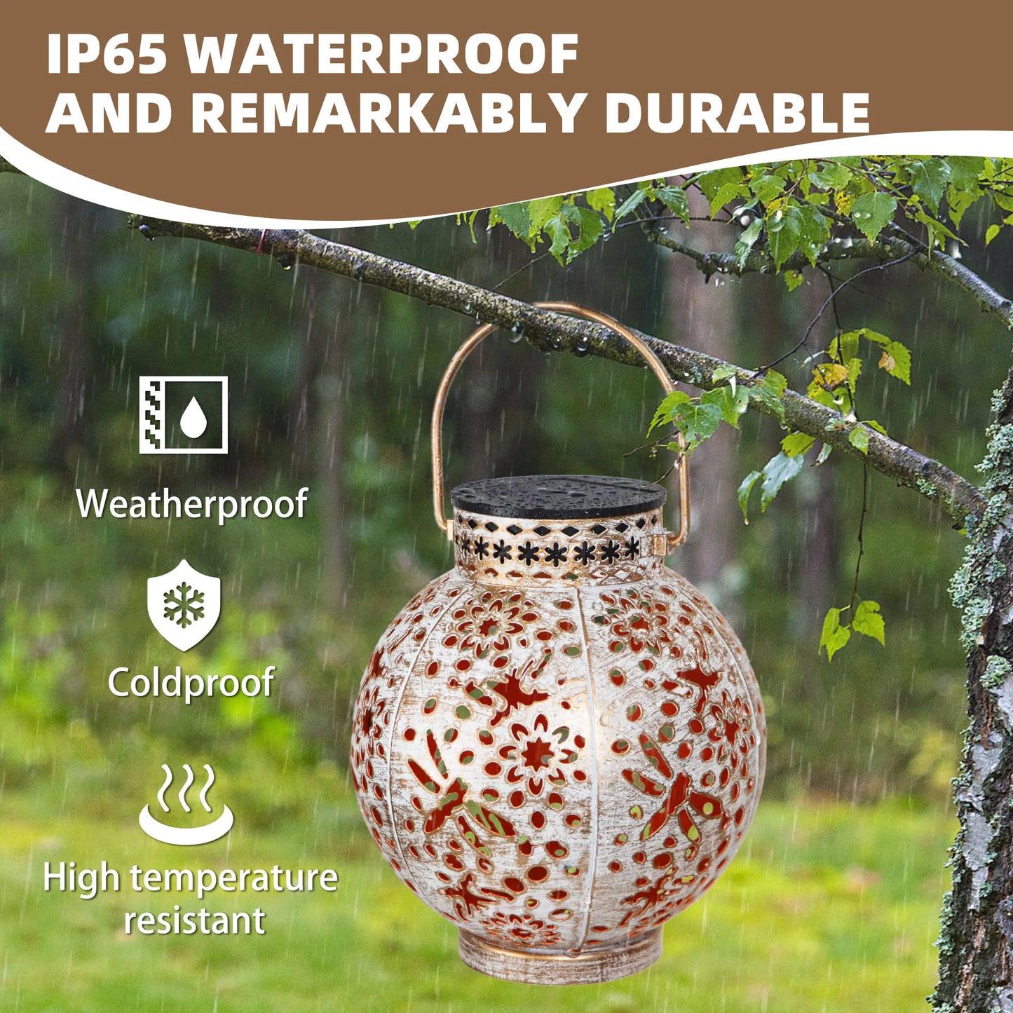 Outdoor Garden Landscape Decoration Solar Lights LED Metal Waterproof Round Lantern Lights Hanging Hollow Projection Lights IP65