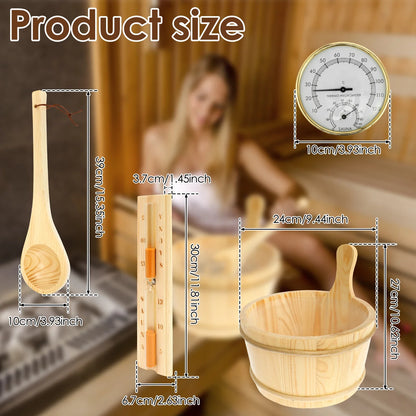 4Pcs Set Sauna Accessories Wood Sauna Bucket Sauna Spoon with Handle Design 2 in 1 Sauna Thermometer&Hygrometer Hourglass Timer