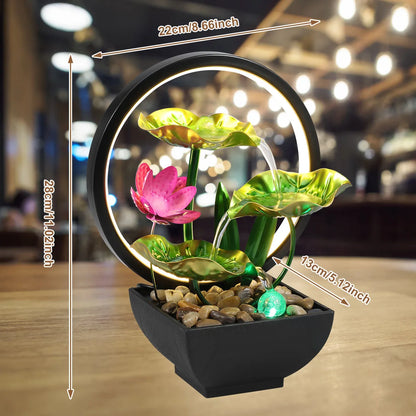 Tabletop Fountain 3-Tiers Lotus Leaf Small Waterfall Fountains Indoor Water Fountain with Rocks and LED Ring Lights Desktop