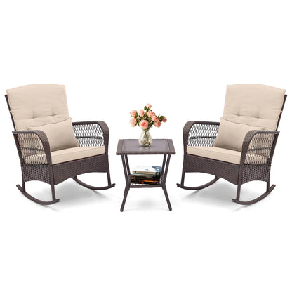 3 PCS Patio Rocker Set Outdoor Wicker Rocking Chairs with Double-Layer Coffee Table Beige