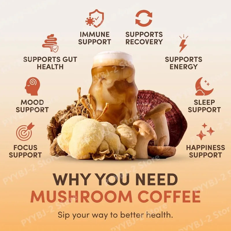 Organic Mushroom Coffee Powder Contain 6 Types Adaptogenic Mushrooms Extract MCT Oil Brewing Use Smooth Daily Beverage Support