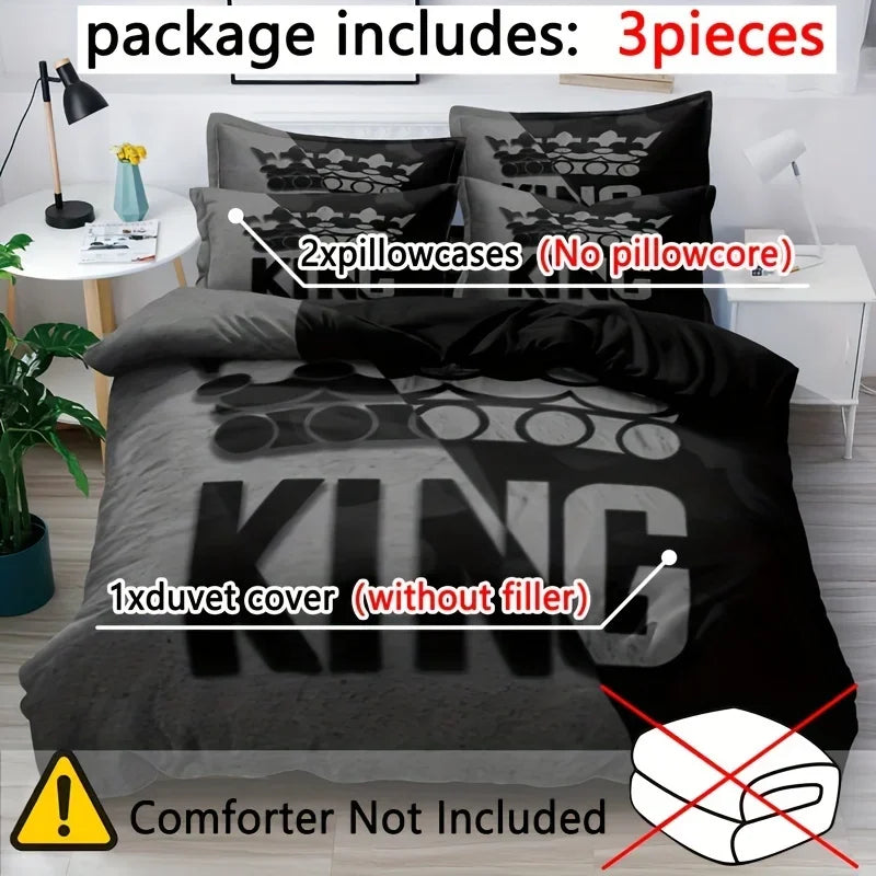 Duvet Cover Set Soft And Comfortable  Gray And Black King Pattern Bedding Set For Bedroom Guest Room And Dorm Decoration