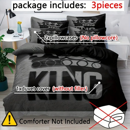 Duvet Cover Set Soft And Comfortable  Gray And Black King Pattern Bedding Set For Bedroom Guest Room And Dorm Decoration