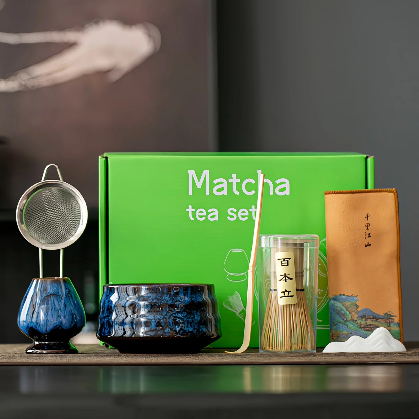 7pcs Set of Kiln-Transformed Glaze Ceramic Matcha Bowl with Tea Spoon, Filter, and  Matcha Brush For Matcha Latte Tea Ceremony