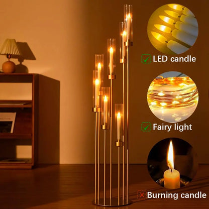 8pcs 7Arm Acrylic Candelabra Table Centerpiece Gold Floor Candle Holder for Table Birthday Party Decor Fit LED Taper Candles