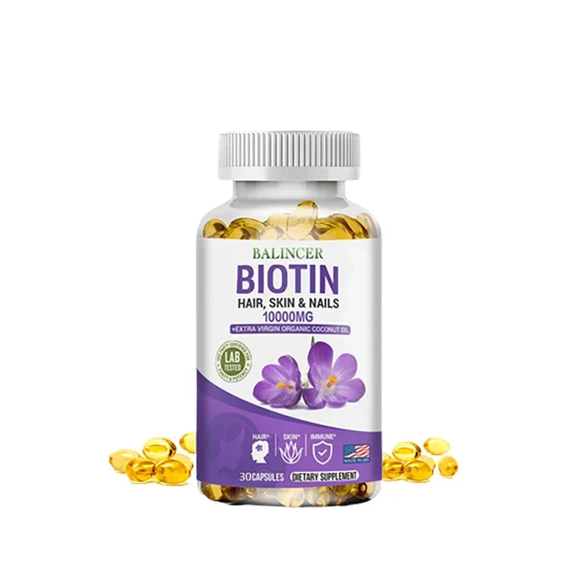 Balincer Biotin Supplement with Organic Coconut Oil - Supports Keratin for Healthier Hair & Skin, 10,000mcg, 30/60/120 Softgels