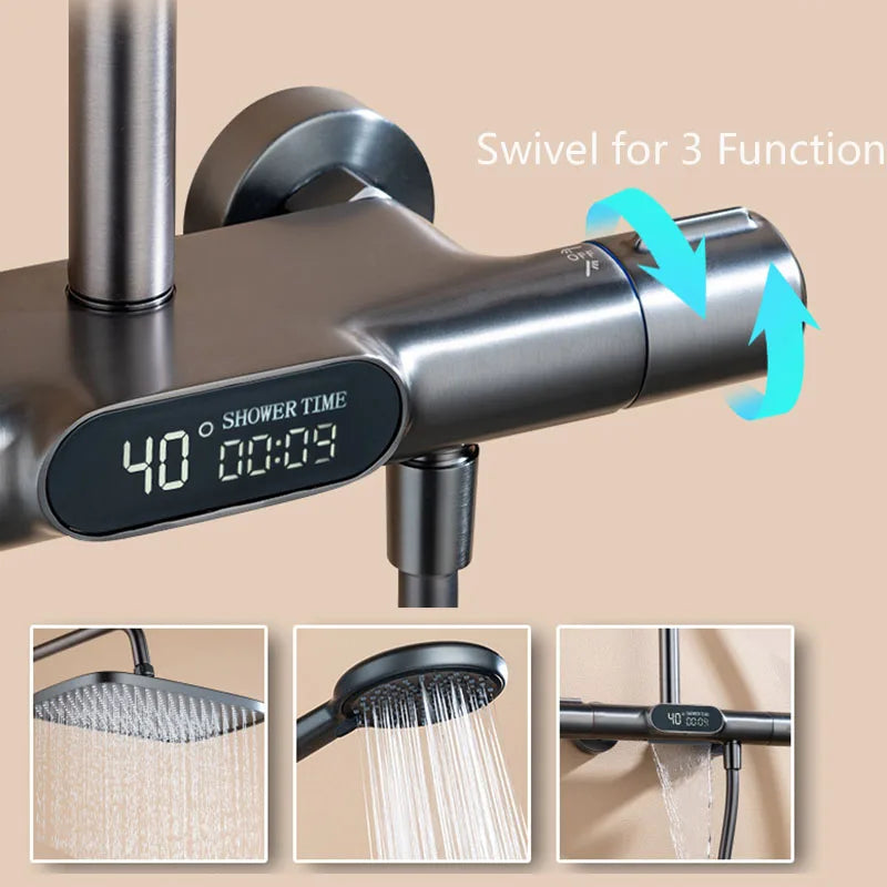 KEMAIDI Thermostatic Shower System LED Digital Display Shower Set Solid Brass Shower Faucet Sets W/Waterfall Bathtub Mixer Grey