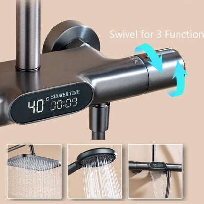 KEMAIDI Thermostatic Shower System LED Digital Display Shower Set Solid Brass Shower Faucet Sets W/Waterfall Bathtub Mixer Grey
