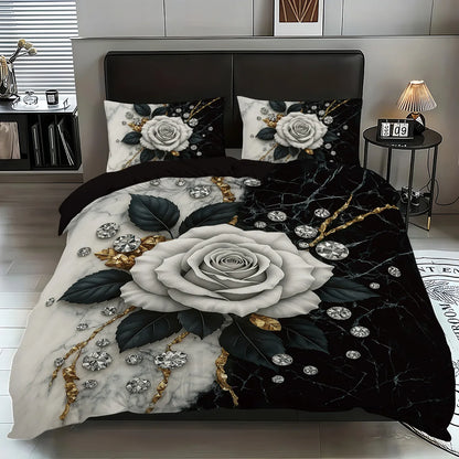 3pcs rose pattern bedding set, for women and adult's bedroom, 1*quilt cover+2*pillowcase, for single, queen bed