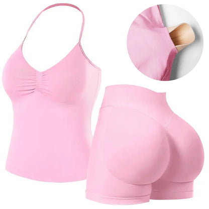 Workout Sets for Women 2 Pieces,  Strappy Top Women's Halter Workout Tank Tops+Scrunch Butt Lifting Booty Gym Yoga Biker Shorts