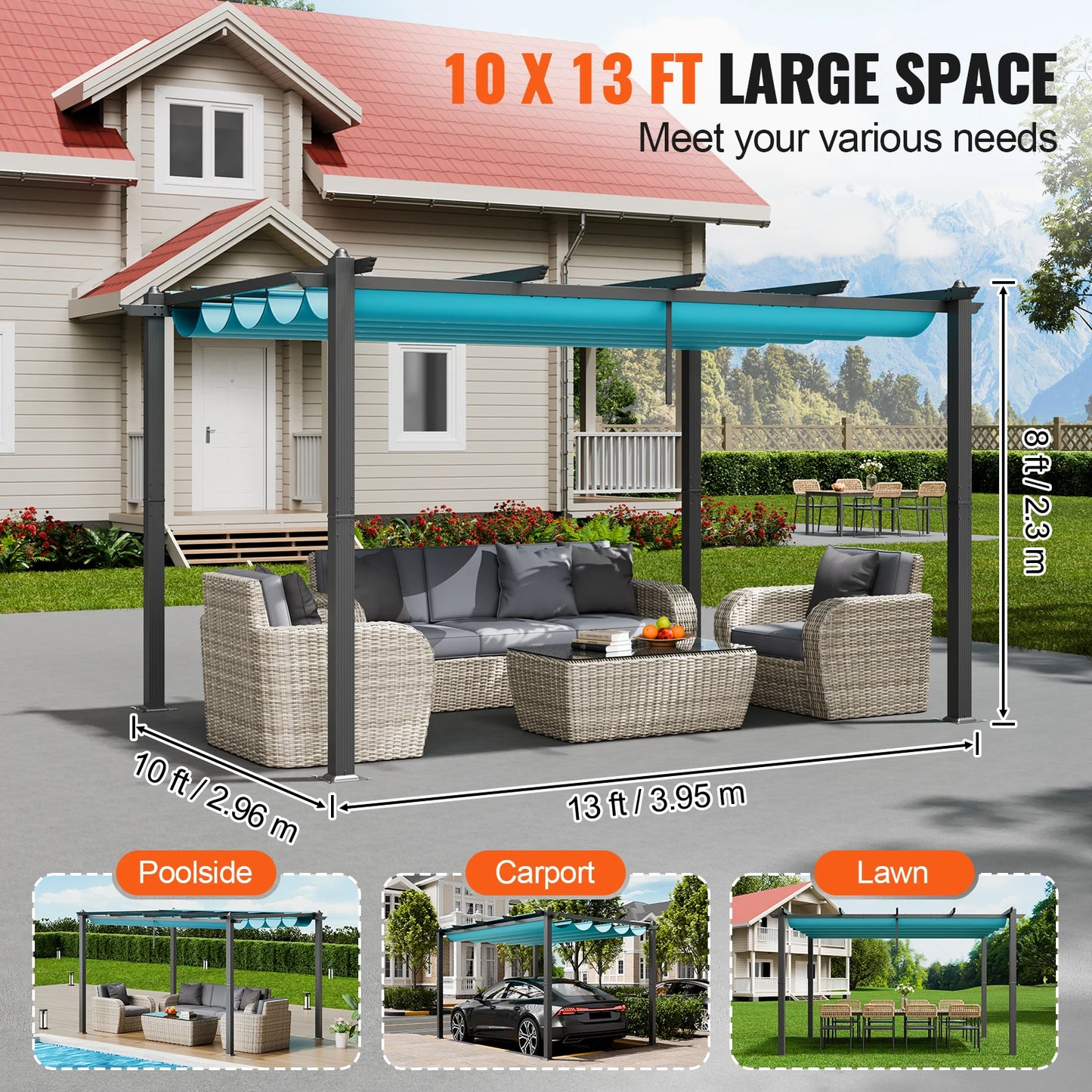 VEVOR 10'x13' Outdoor Retractable Pergola with Canopy Aluminum Pergola with Canopy Modern Pergola with Shade Canopy for Patios