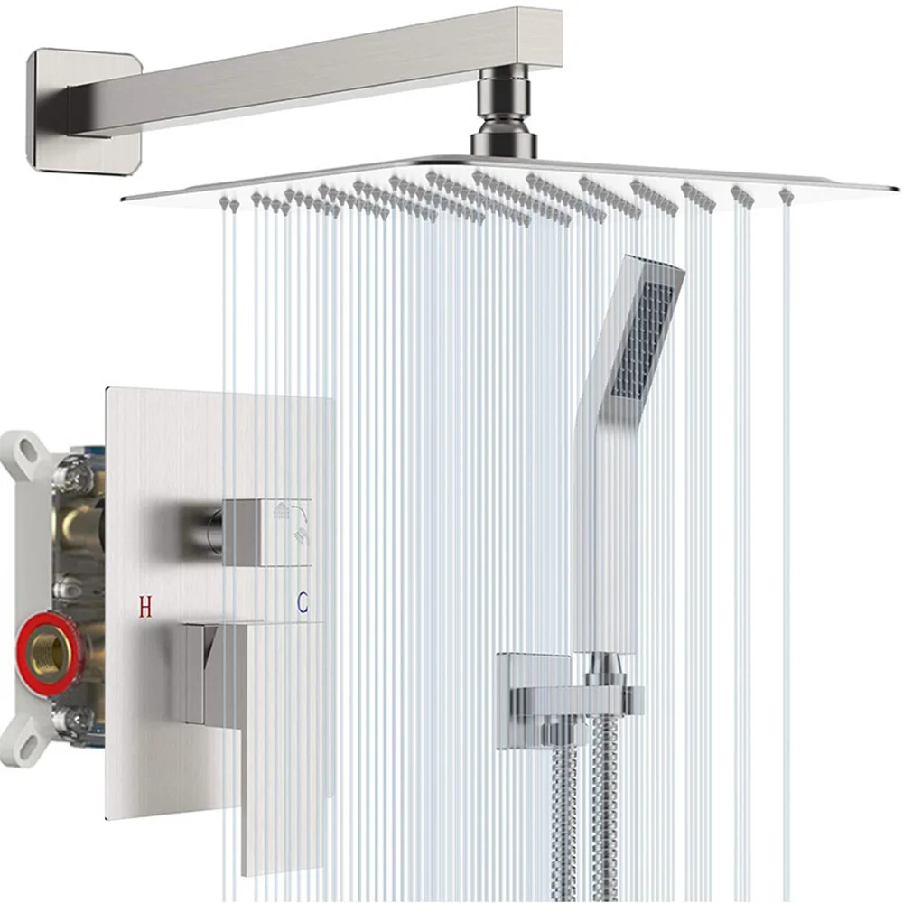 Chrome Shower Faucet Set Rainfall 12 Inch Concealed Shower System Wall Mounted Rainfall Bathroom Shower Tap With Handshower Set