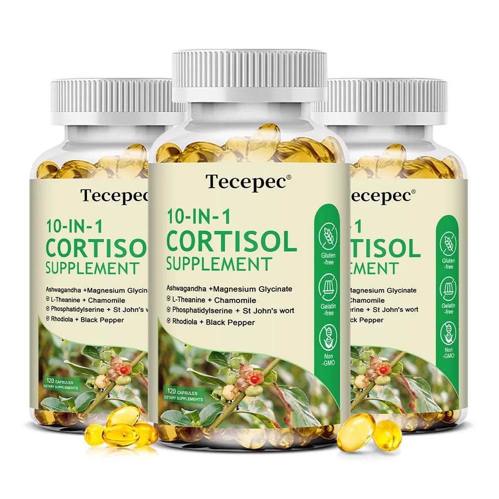 10-IN-1 Cortisol Supplements with Magnesium, Ashwagandha, Chamomile, L-Theanine,Vitamin C & D3, For Women & Men,Vegan