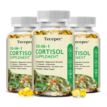 10-IN-1 Cortisol Supplements with Magnesium, Ashwagandha, Chamomile, L-Theanine,Vitamin C & D3, For Women & Men,Vegan