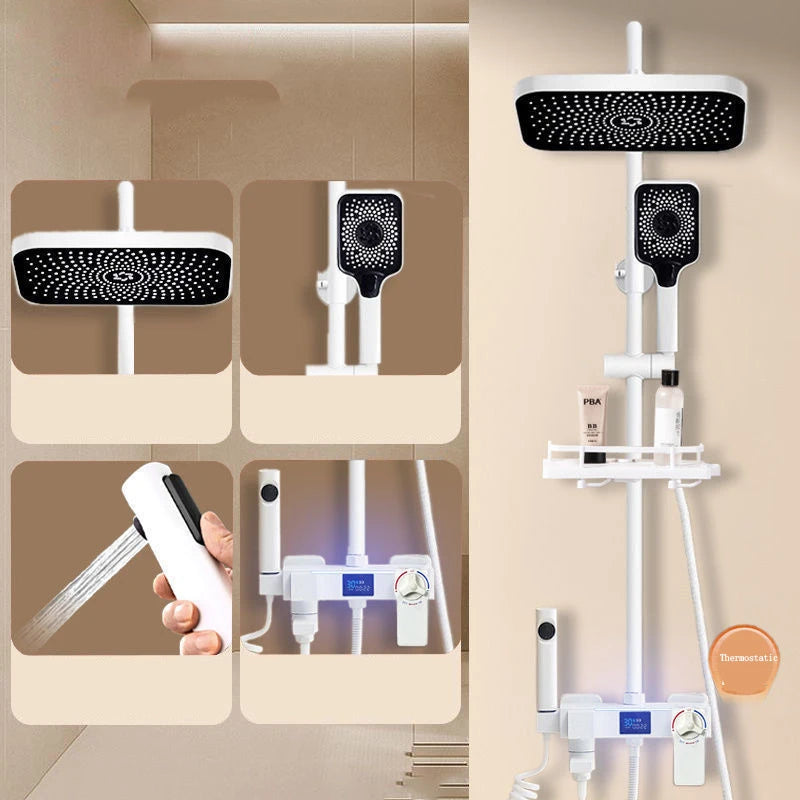 KEMAIDI Thermostatic Shower System LED Digital Display Shower Set Solid Brass Shower Faucet Sets W/Waterfall Bathtub Mixer Grey