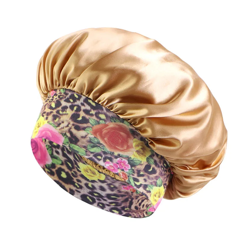 Women's Fashion Bonnet Flower Printed Hair Hat with Wide Edge Elastic Silk Smooth Satin Face for Daily Home Sleep Hat Hair Wrap