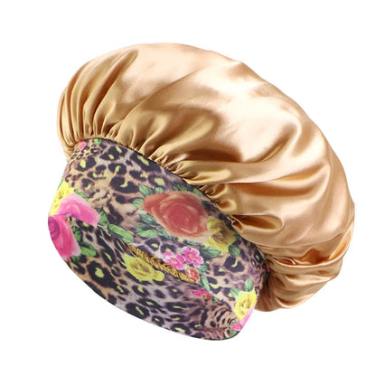 Women's Fashion Bonnet Flower Printed Hair Hat with Wide Edge Elastic Silk Smooth Satin Face for Daily Home Sleep Hat Hair Wrap