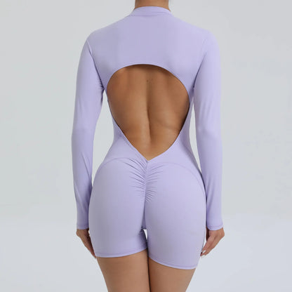 Hollow Scrunch Sport Short Jumpsuits Unitard Gym Women Romper Long Sleeve Zipper Fitness Yoga Overalls Open Back Black Monkeys