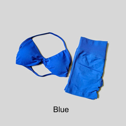 Yoga Set Fitness Gym Women Solid High Waist Peach Short Legging Halter Neck Sport Bra Athletic Gym Suit